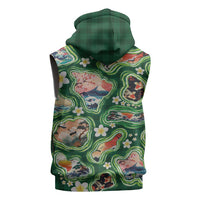 Hawaiian and Japanese Culture Together Sleeveless Hoodie Hawaiian Island Shapes with Japanese Landscape Green Color