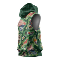 Hawaiian and Japanese Culture Together Sleeveless Hoodie Hawaiian Island Shapes with Japanese Landscape Green Color