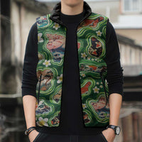 Hawaiian and Japanese Culture Together Sleeveless Puffer Jacket Hawaiian Island Shapes with Japanese Landscape Green Color