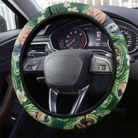 Hawaiian and Japanese Culture Together Steering Wheel Cover Hawaiian Island Shapes with Japanese Landscape Green Color