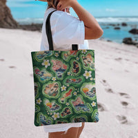 Hawaiian and Japanese Culture Together Tote Bag Hawaiian Island Shapes with Japanese Landscape Green Color