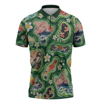 Hawaiian and Japanese Culture Together Zipper Polo Shirt Hawaiian Island Shapes with Japanese Landscape Green Color