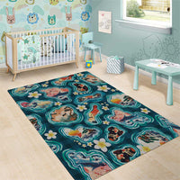 Hawaiian and Japanese Culture Together Area Rug Hawaiian Island Shapes with Japanese Landscape Teal Color
