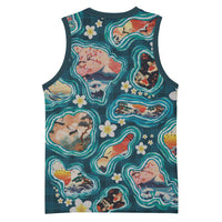 Hawaiian and Japanese Culture Together Basketball Jersey Hawaiian Island Shapes with Japanese Landscape Teal Color