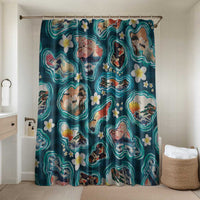Hawaiian and Japanese Culture Together Bathroom Set Hawaiian Island Shapes with Japanese Landscape Teal Color