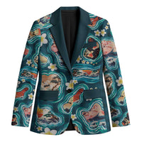 Hawaiian and Japanese Culture Together Blazer Hawaiian Island Shapes with Japanese Landscape Teal Color