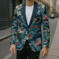 Hawaiian and Japanese Culture Together Blazer Hawaiian Island Shapes with Japanese Landscape Teal Color