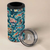 Hawaiian and Japanese Culture Together 4 in 1 Can Cooler Tumbler Hawaiian Island Shapes with Japanese Landscape Teal Color