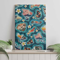 Hawaiian and Japanese Culture Together Canvas Wall Art Hawaiian Island Shapes with Japanese Landscape Teal Color