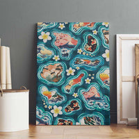 Hawaiian and Japanese Culture Together Canvas Wall Art Hawaiian Island Shapes with Japanese Landscape Teal Color