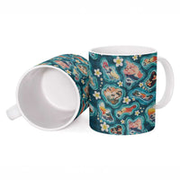 Hawaiian and Japanese Culture Together Ceramic Mug Hawaiian Island Shapes with Japanese Landscape Teal Color