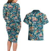 Hawaiian and Japanese Culture Together Couples Matching Long Sleeve Bodycon Dress and Hawaiian Shirt Hawaiian Island Shapes with Japanese Landscape Teal Color