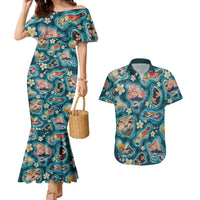 Hawaiian and Japanese Culture Together Couples Matching Mermaid Dress and Hawaiian Shirt Hawaiian Island Shapes with Japanese Landscape Teal Color