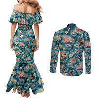 Hawaiian and Japanese Culture Together Couples Matching Mermaid Dress and Long Sleeve Button Shirt Hawaiian Island Shapes with Japanese Landscape Teal Color