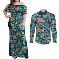 Hawaiian and Japanese Culture Together Couples Matching Off Shoulder Maxi Dress and Long Sleeve Button Shirt Hawaiian Island Shapes with Japanese Landscape Teal Color