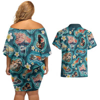 Hawaiian and Japanese Culture Together Couples Matching Off Shoulder Short Dress and Hawaiian Shirt Hawaiian Island Shapes with Japanese Landscape Teal Color