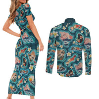 Hawaiian and Japanese Culture Together Couples Matching Short Sleeve Bodycon Dress and Long Sleeve Button Shirt Hawaiian Island Shapes with Japanese Landscape Teal Color