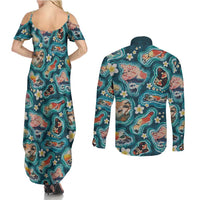 Hawaiian and Japanese Culture Together Couples Matching Summer Maxi Dress and Long Sleeve Button Shirt Hawaiian Island Shapes with Japanese Landscape Teal Color