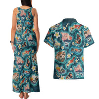 Hawaiian and Japanese Culture Together Couples Matching Tank Maxi Dress and Hawaiian Shirt Hawaiian Island Shapes with Japanese Landscape Teal Color