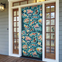 Hawaiian and Japanese Culture Together Door Cover Hawaiian Island Shapes with Japanese Landscape Teal Color