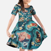 Hawaiian and Japanese Culture Together Family Matching Long Sleeve Bodycon Dress and Hawaiian Shirt Hawaiian Island Shapes with Japanese Landscape Teal Color