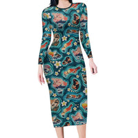 Hawaiian and Japanese Culture Together Family Matching Long Sleeve Bodycon Dress and Hawaiian Shirt Hawaiian Island Shapes with Japanese Landscape Teal Color