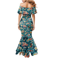 Hawaiian and Japanese Culture Together Family Matching Mermaid Dress and Hawaiian Shirt Hawaiian Island Shapes with Japanese Landscape Teal Color