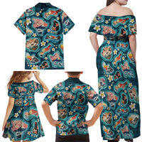 Hawaiian and Japanese Culture Together Family Matching Off Shoulder Maxi Dress and Hawaiian Shirt Hawaiian Island Shapes with Japanese Landscape Teal Color
