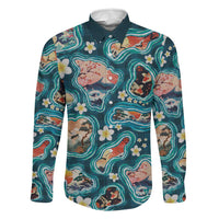 Hawaiian and Japanese Culture Together Family Matching Off Shoulder Maxi Dress and Hawaiian Shirt Hawaiian Island Shapes with Japanese Landscape Teal Color