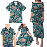 Hawaiian and Japanese Culture Together Family Matching Puletasi and Hawaiian Shirt Hawaiian Island Shapes with Japanese Landscape Teal Color