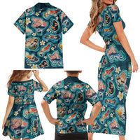 Hawaiian and Japanese Culture Together Family Matching Short Sleeve Bodycon Dress and Hawaiian Shirt Hawaiian Island Shapes with Japanese Landscape Teal Color