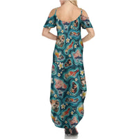 Hawaiian and Japanese Culture Together Family Matching Summer Maxi Dress and Hawaiian Shirt Hawaiian Island Shapes with Japanese Landscape Teal Color