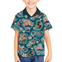 Hawaiian and Japanese Culture Together Family Matching Summer Maxi Dress and Hawaiian Shirt Hawaiian Island Shapes with Japanese Landscape Teal Color
