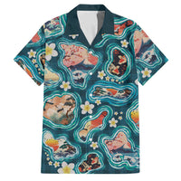 Hawaiian and Japanese Culture Together Family Matching Tank Maxi Dress and Hawaiian Shirt Hawaiian Island Shapes with Japanese Landscape Teal Color
