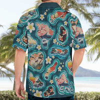 Hawaiian and Japanese Culture Together Hawaiian Shirt Hawaiian Island Shapes with Japanese Landscape Teal Color