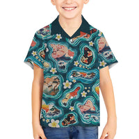 Hawaiian and Japanese Culture Together Hawaiian Shirt Hawaiian Island Shapes with Japanese Landscape Teal Color