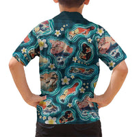 Hawaiian and Japanese Culture Together Hawaiian Shirt Hawaiian Island Shapes with Japanese Landscape Teal Color