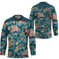 Hawaiian and Japanese Culture Together Hockey Jersey Hawaiian Island Shapes with Japanese Landscape Teal Color