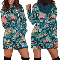 Hawaiian and Japanese Culture Together Hoodie Dress Hawaiian Island Shapes with Japanese Landscape Teal Color