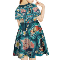 Hawaiian and Japanese Culture Together Kid Short Sleeve Dress Hawaiian Island Shapes with Japanese Landscape Teal Color