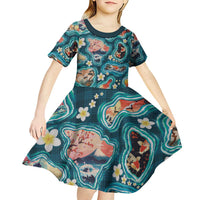 Hawaiian and Japanese Culture Together Kid Short Sleeve Dress Hawaiian Island Shapes with Japanese Landscape Teal Color