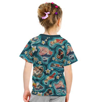 Hawaiian and Japanese Culture Together Kid T Shirt Hawaiian Island Shapes with Japanese Landscape Teal Color