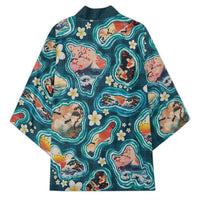 Hawaiian and Japanese Culture Together Kimono Hawaiian Island Shapes with Japanese Landscape Teal Color