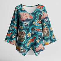 Hawaiian and Japanese Culture Together Kimono Sleeve Blouse Hawaiian Island Shapes with Japanese Landscape Teal Color
