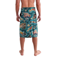 Hawaiian and Japanese Culture Together Lavalava Hawaiian Island Shapes with Japanese Landscape Teal Color