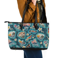 Hawaiian and Japanese Culture Together Leather Tote Bag Hawaiian Island Shapes with Japanese Landscape Teal Color