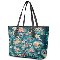 Hawaiian and Japanese Culture Together Leather Tote Bag Hawaiian Island Shapes with Japanese Landscape Teal Color
