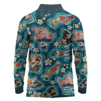 Hawaiian and Japanese Culture Together Long Sleeve Polo Shirt Hawaiian Island Shapes with Japanese Landscape Teal Color