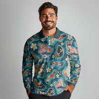 Hawaiian and Japanese Culture Together Long Sleeve Polo Shirt Hawaiian Island Shapes with Japanese Landscape Teal Color