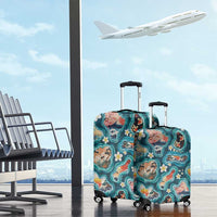 Hawaiian and Japanese Culture Together Luggage Cover Hawaiian Island Shapes with Japanese Landscape Teal Color